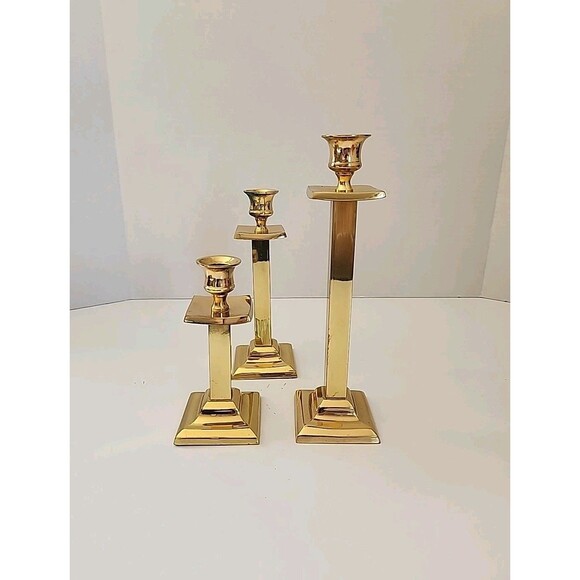 Vintage 3pc Brass Candle Holders Square Shape Made In India SEE PICTURES - Picture 1 of 7